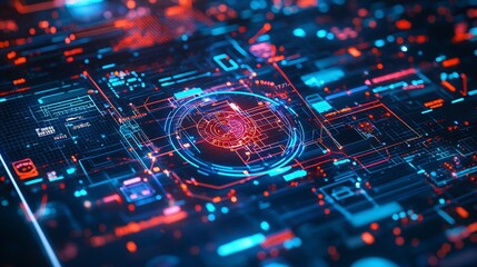 Futuristic technological interface with glowing circuits and data streams
