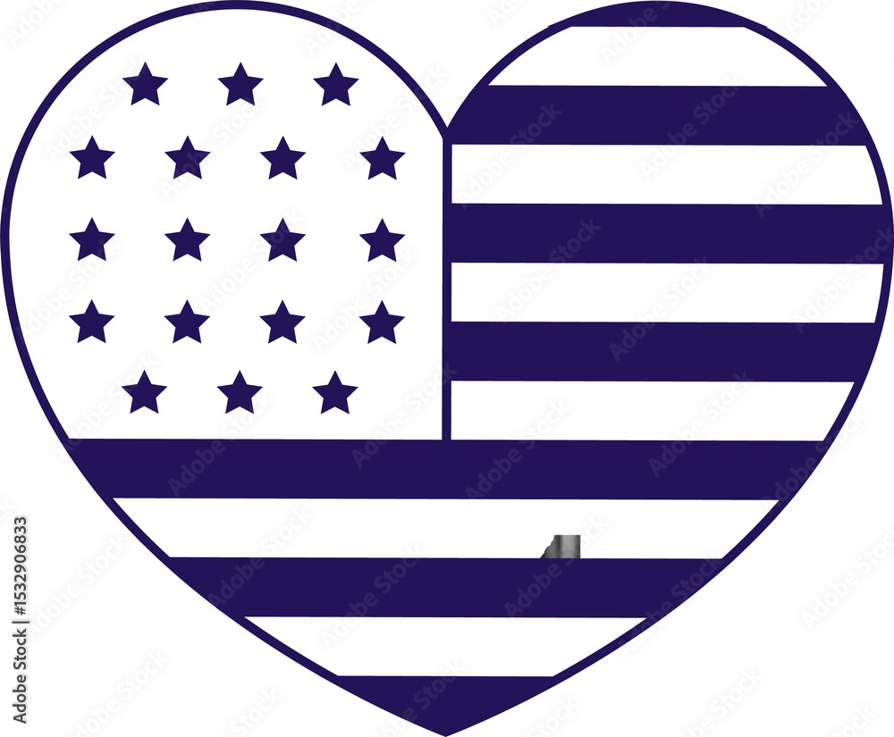 Poster stylized heart merging stars and stripes is floating on transparent background in flat design