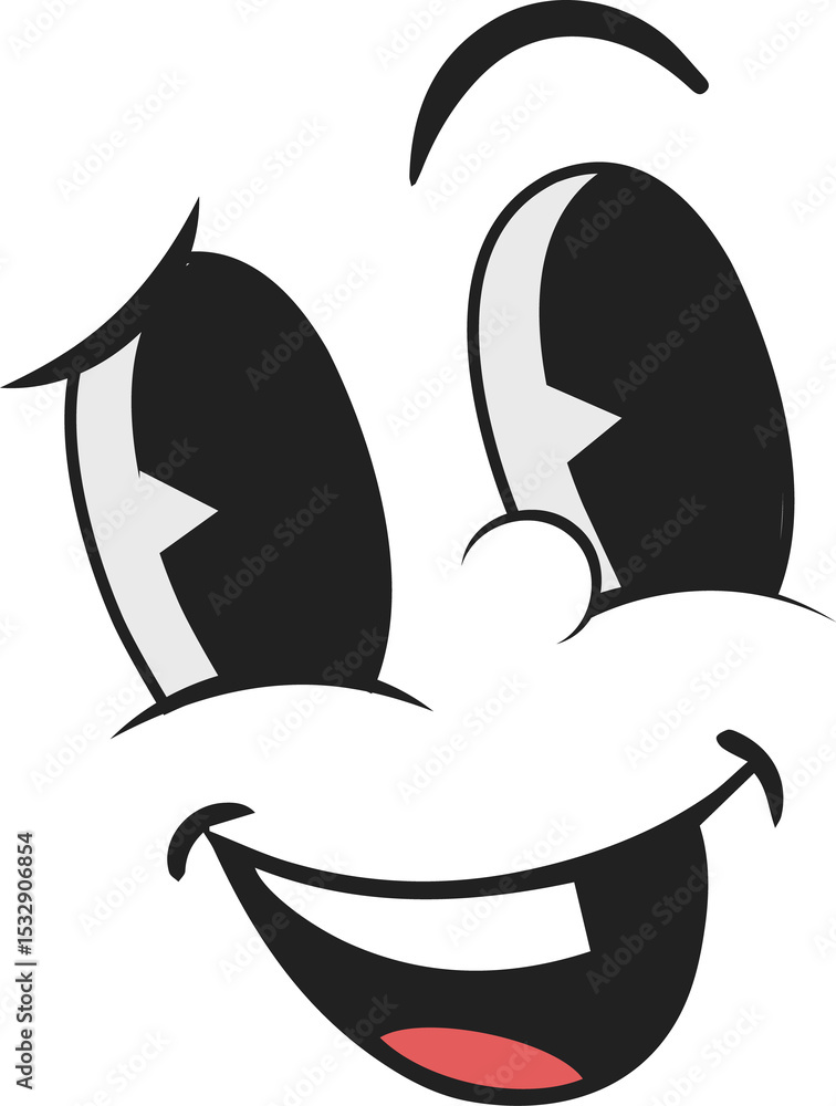 Poster flat design cartoon face floating on transparent background showing eyes arched brows smiling mouth