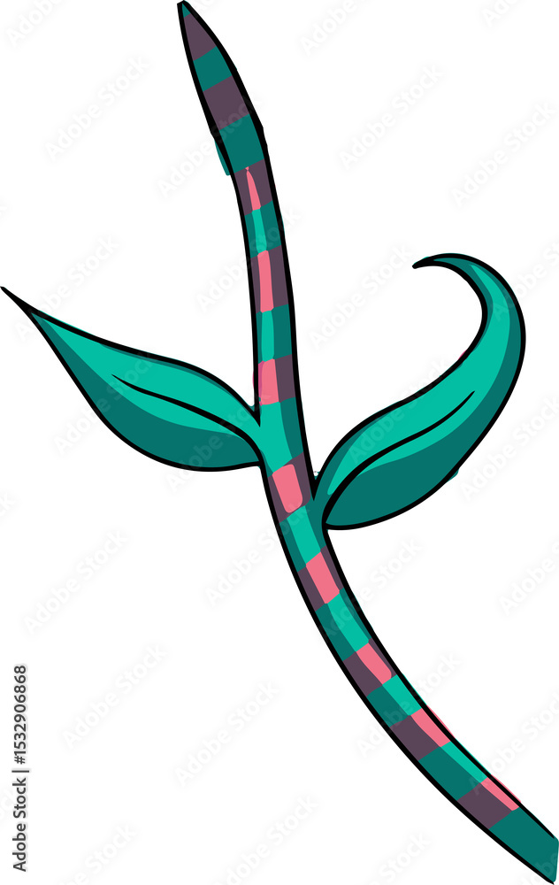 Poster showing stylized sprout with curved checkered stem and two teal leaves on transparent background
