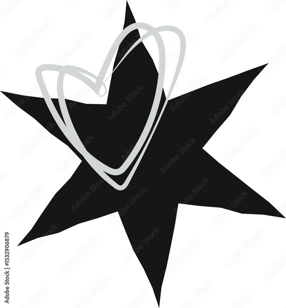 Poster flat design graphic is featuring uneven dark star with grey heart scribble on transparent canvas