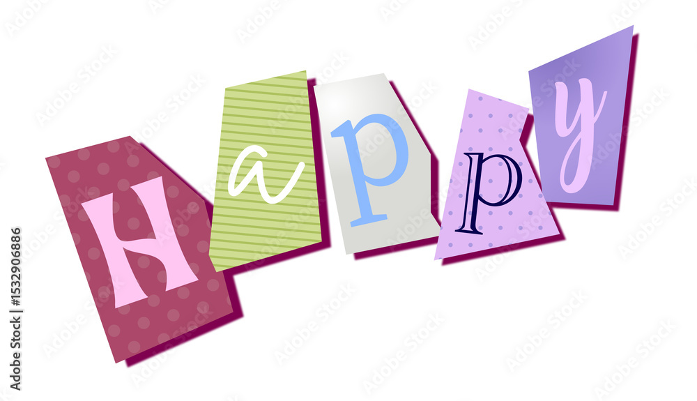 Poster five curved panels are forming happy in flat design with dots and stripes on transparent background