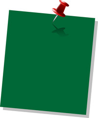 Green square paper is being pinned by glossy red pushpin in 3D render, transparent background