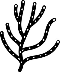 Black coral branch is floating against transparent background in flat vector with white oval spots