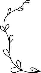 Stylized vine with heart-shaped leaves is curving diagonally in hand-drawn, transparent background