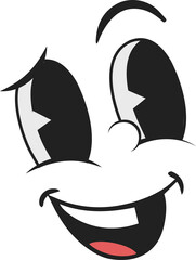 Flat design cartoon face floating on transparent background showing eyes arched brows smiling mouth