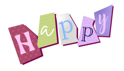 Five curved panels are forming Happy in flat design with dots and stripes on transparent background