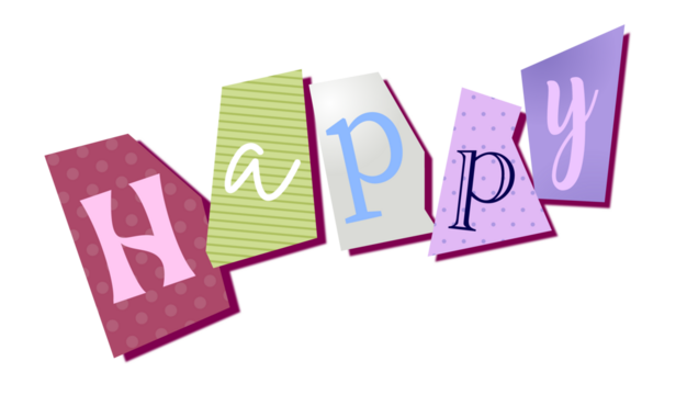 Five curved panels are forming Happy in flat design with dots and stripes on transparent background