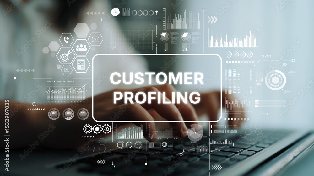 Poster customer profiling concept with data visualization and hand typing on laptop in modern office enviro