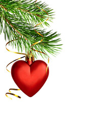 Christmas corner decoration with pine twigs and red heart isolated on white or transparent background