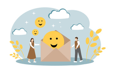 Emoticons in an envelope. The concept of pleasant communication, good mood, positive emotions and mental health