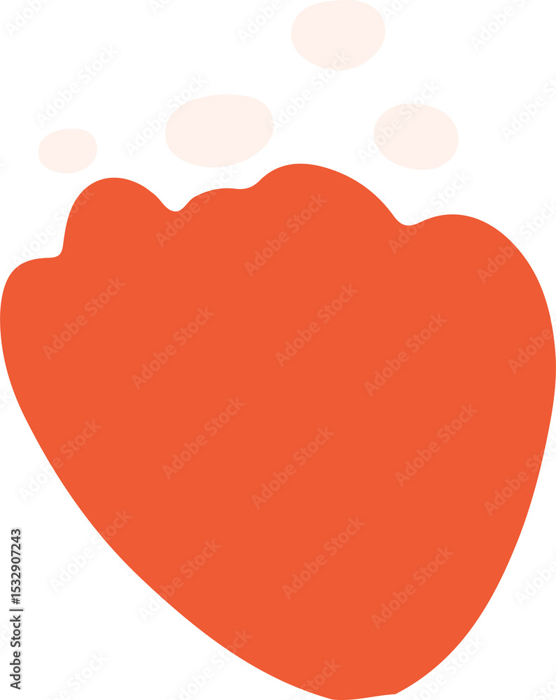 Poster flat abstract red-orange shape is floating on transparent background with four cream ovals as seeds