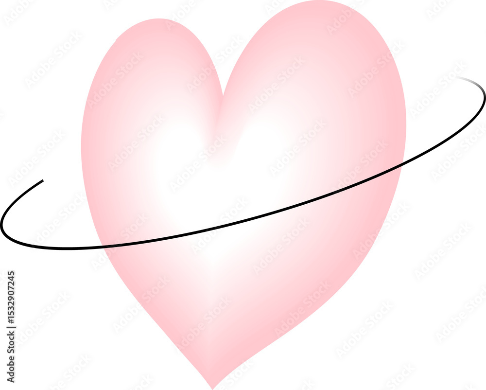 Poster pink gradient heart is orbiting with black elliptical ring in flat design on transparent background