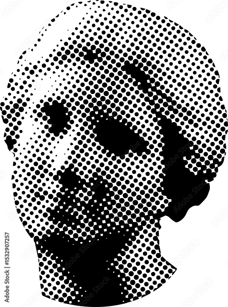 Poster halftone dot patterned skull silhouette is floating on transparent background in flat design