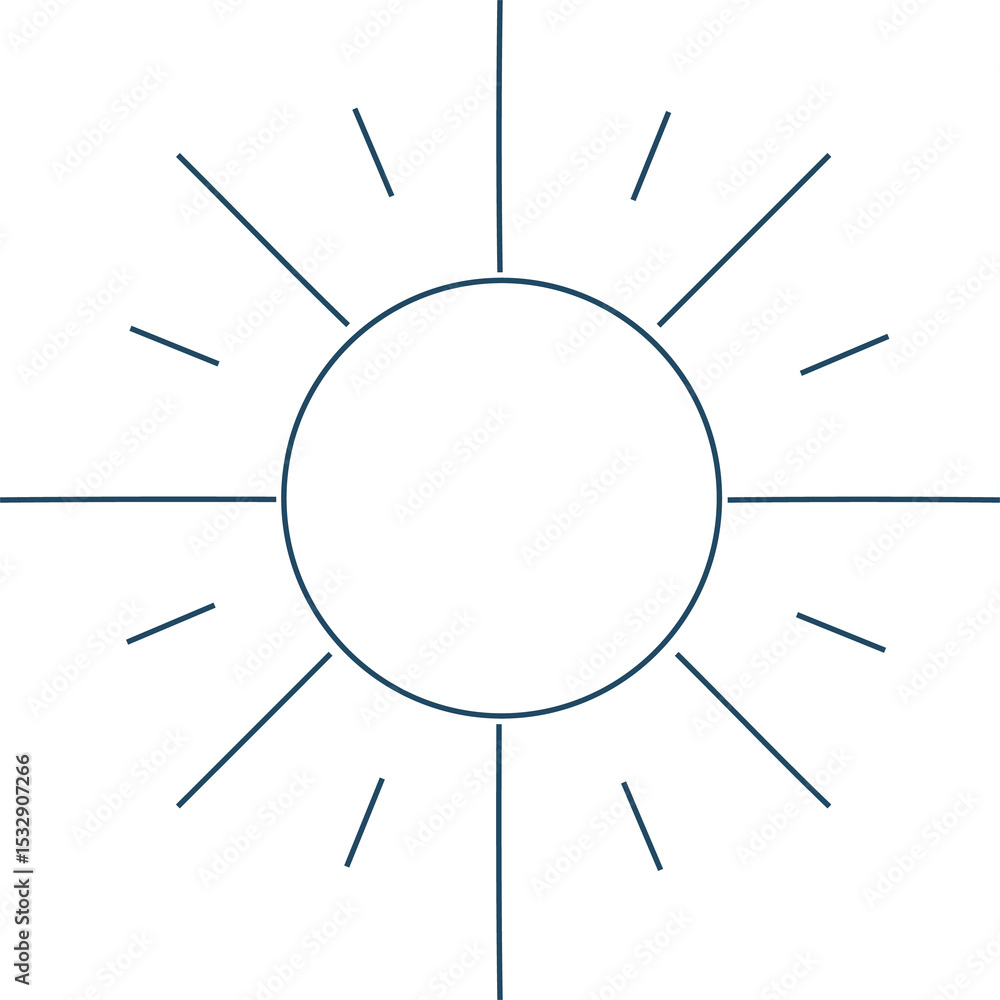 Poster stylized sun flat vector icon is appearing on transparent backdrop, showing circle and radial lines