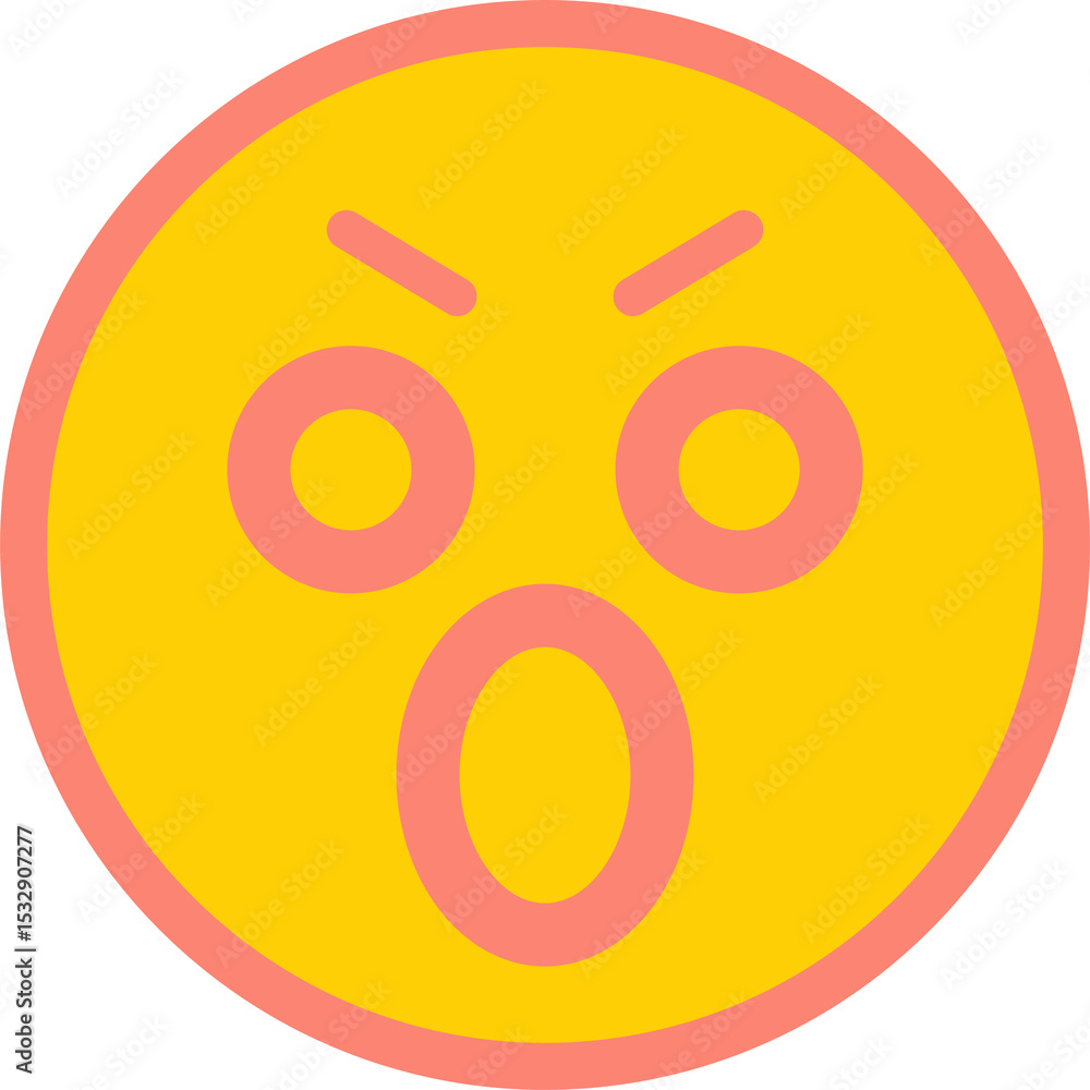 Poster shocked emoticon is floating on transparent flat vector canvas showing coral features, yellow face