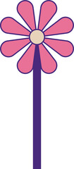 Displaying flat cartoon flower with purple stem, yellow center, pink petals, transparent background