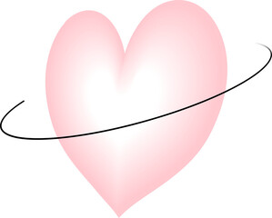 Pink gradient heart is orbiting with black elliptical ring in flat design on transparent background