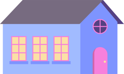 Flat-design house icon is showing light blue walls, windows, pink door, roof, transparent backdrop