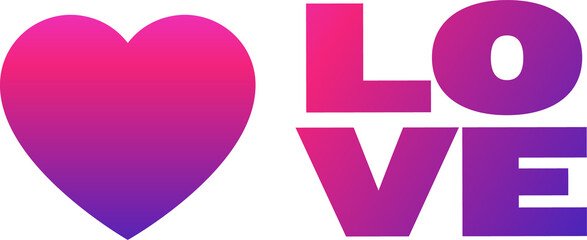 Gradient heart icon and gradient LOVE text are floating on transparent background in flat design