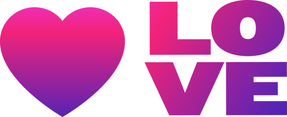Gradient heart icon and gradient LOVE text are floating on transparent background in flat design