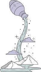 Flat design jug sprinkling teal water through sparkles, clouds over mountain lake transparent bg