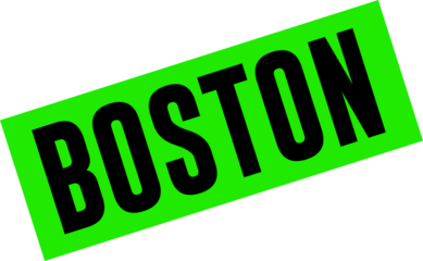 Slanted green banner is displaying bold black BOSTON text on transparent background in flat design