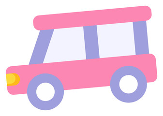 Flat minibus is floating on transparent backdrop with lavender wheels and windows yellow headlight