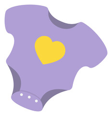 Flat purple baby bodysuit is showing yellow heart, snaps and white border on transparent background