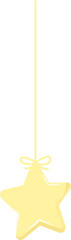 Flat design star ornament is hanging from thin string with tied bow on transparent background