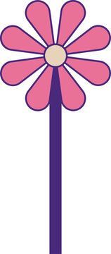 Fototapeta Displaying flat cartoon flower with purple stem, yellow center, pink petals, transparent background