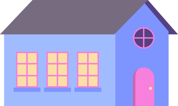 Flat-design house icon is showing light blue walls, windows, pink door, roof, transparent backdrop