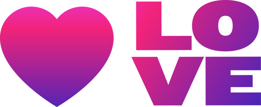 Gradient heart icon and gradient LOVE text are floating on transparent background in flat design