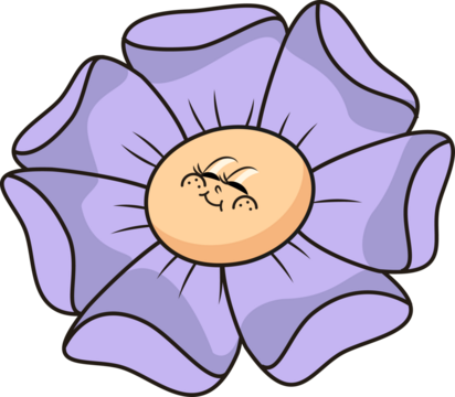Flat flower illustration is floating on transparent bg showing smiling lavender petals and face