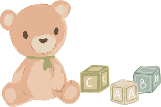 Watercolor pastel teddy bear is sitting by 3 ABC blocks on transparent backdrop wearing green bow