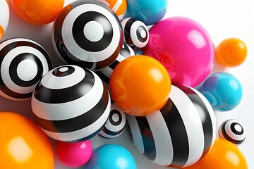 Vibrant Spheres: A Playful Dance of Colorful and Striped 3D Balls in Abstract Formation