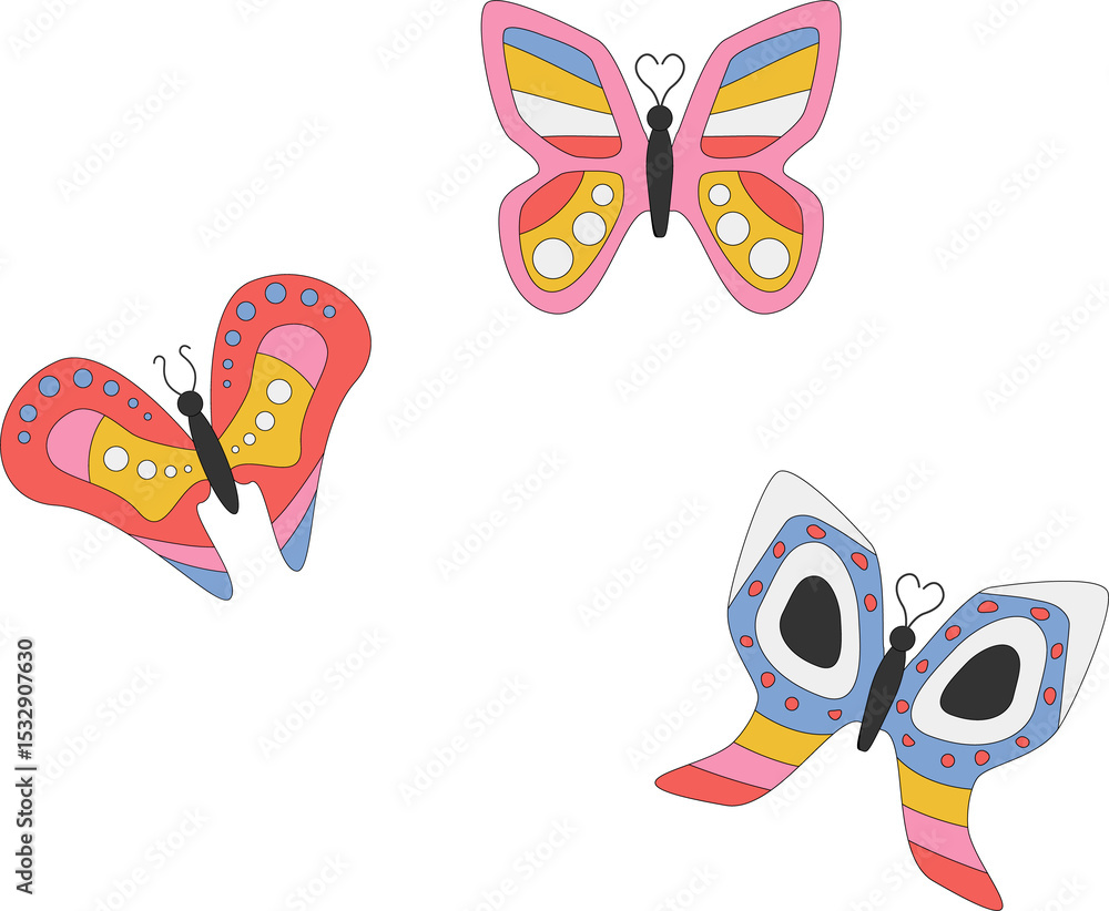 Poster three stylized butterflies are floating against transparent backdrop, featuring vector art patterns