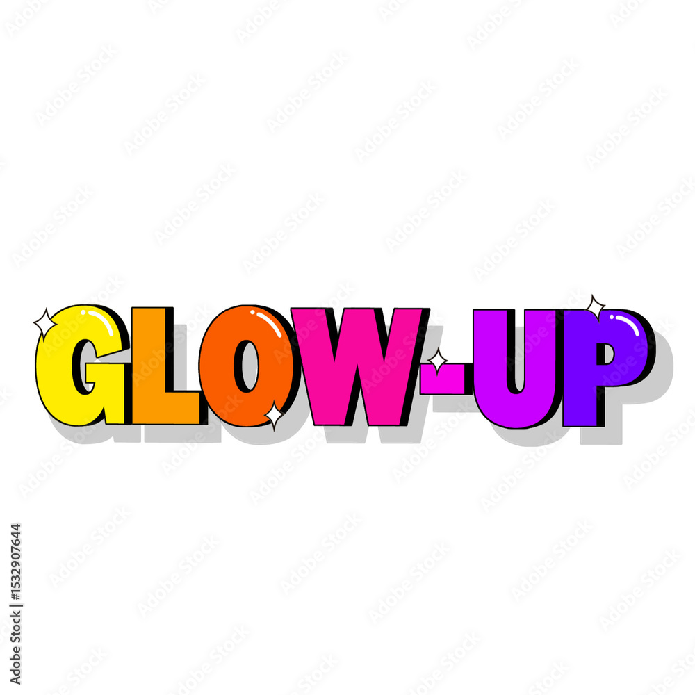 Poster 3d glow-up text is featuring gradient hues with sparkles and drop shadow on transparent background