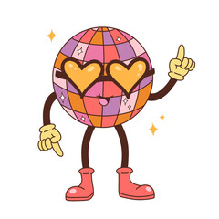 Flat design disco ball is dancing on transparent background with heart shades, boots and sparkles