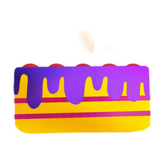 Flat design layered cake is dripping purple icing on transparent background with red fruit pieces