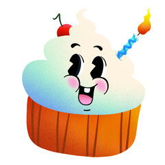 Cartoon cupcake is showing smiling face with cherry and birthday candle on transparent background