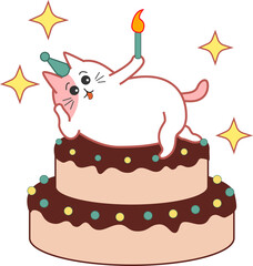 White cat is lounging on flat design tiered cake with lit candle, green hat, sparkles, transparent