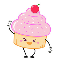 Cartoon cupcake is waving on transparent background with frosting, sprinkles, cherry, copy space