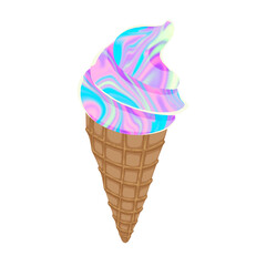 Pastel swirl soft-serve in waffle cone is appearing in flat design on transparent background