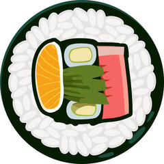 Stylized sushi slice showing flat-design seaweed rice fish avocado veggie strips on transparent bg