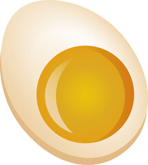 Egg half is being shown in flat design, with glossy yolk and smooth white, transparent background