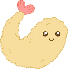 Smiling cartoon fried shrimp is floating on transparent background with crispy batter and pink tail