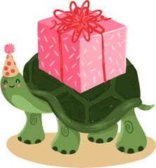 Flat design turtle is balancing pink gift on green shell wearing polka-dot hat, transparent bg