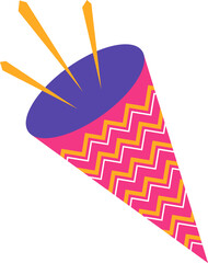 Party popper is emitting yellow confetti from flat zigzag cone, purple inside, transparent backdrop