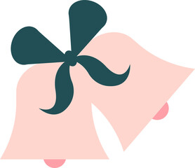 Two pastel pink bells are floating in flat design on transparent background, tied with teal bow